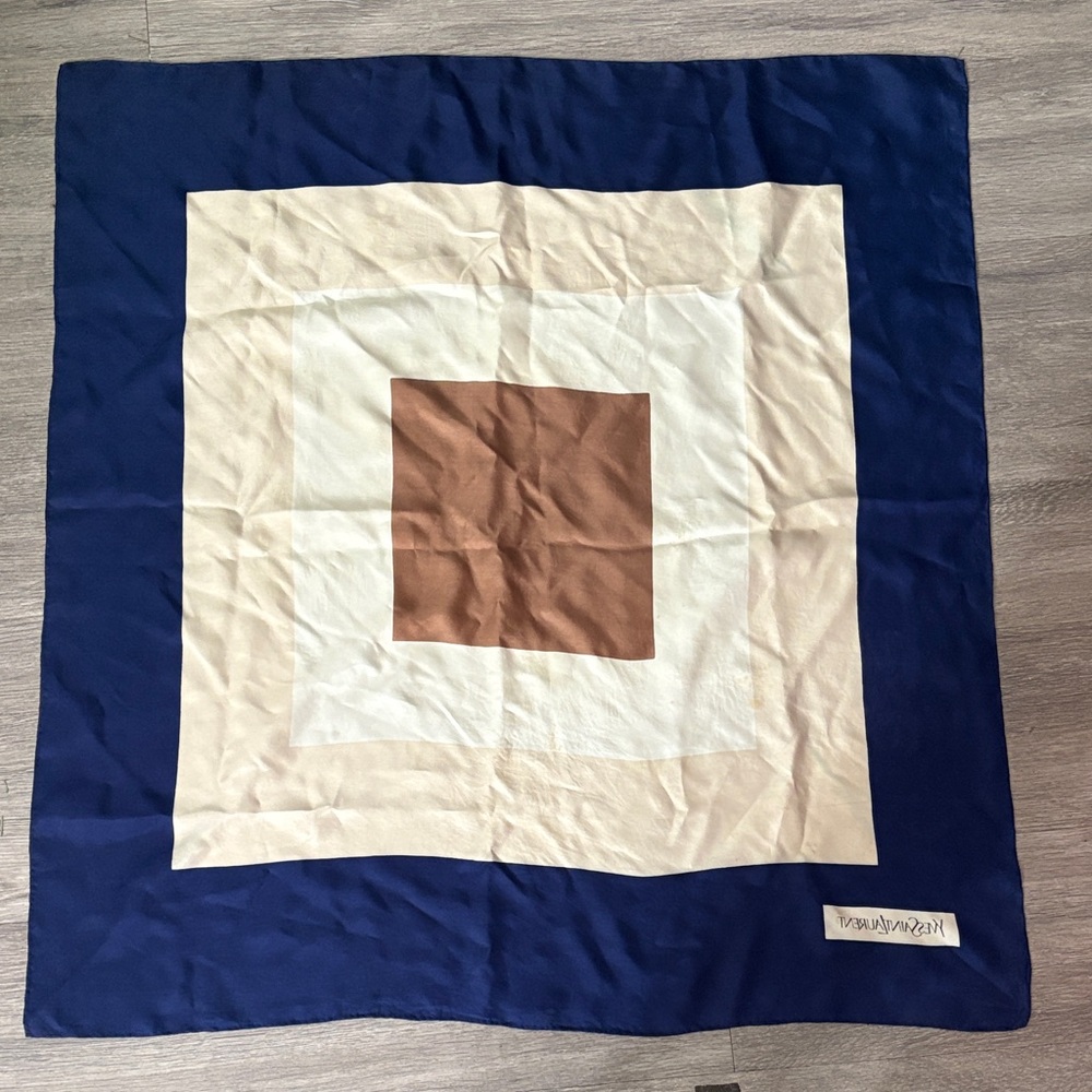 Yves Saint Laurent Navy Blue Cream Brown Geometric Silk Scarf